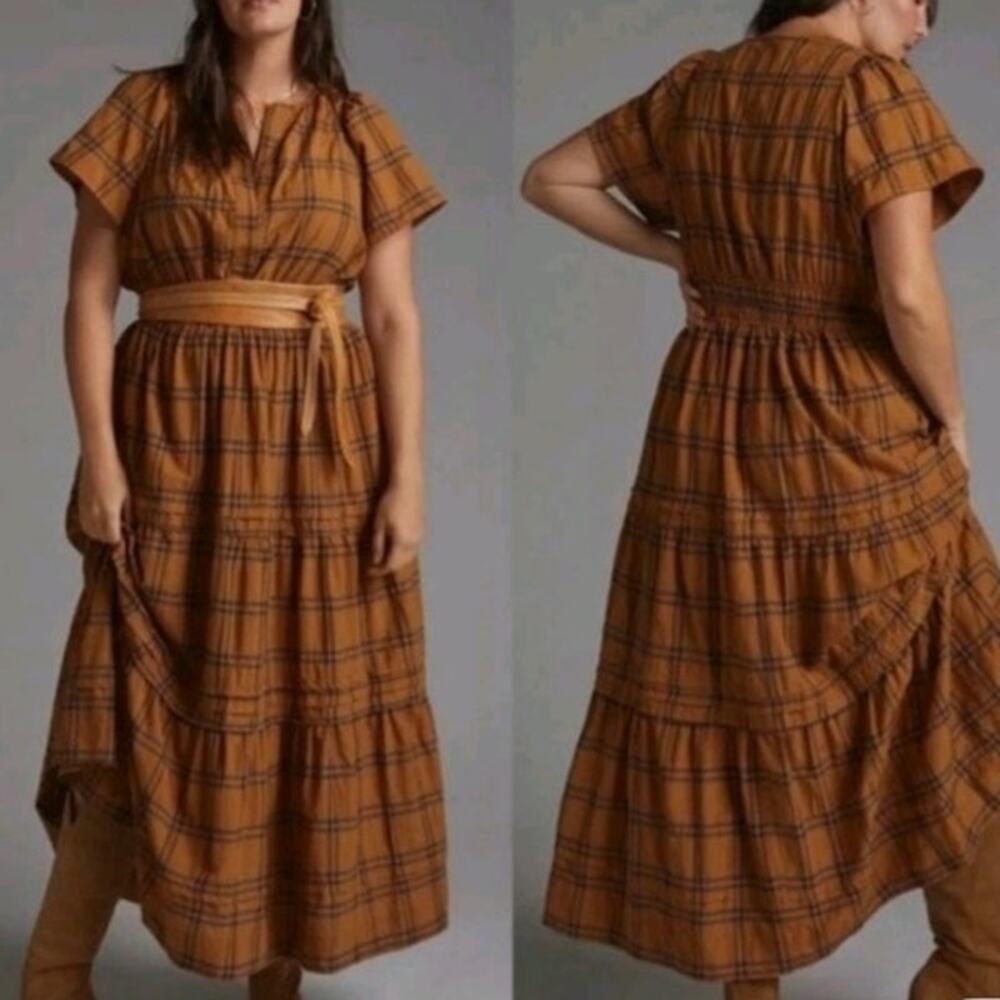 Maeve by Anthropologie Sumerset Camel Plaid Tiered Maxi Dress M Prairie Fall - Picture 3 of 16